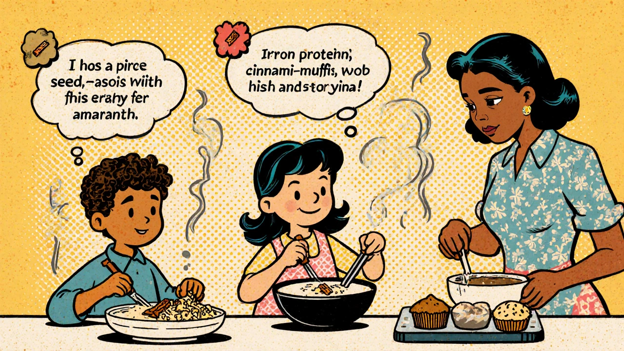 A family cooking amaranth porridge, toasting seeds, and baking muffins in a cozy kitchen with nutritional facts as bubbles.