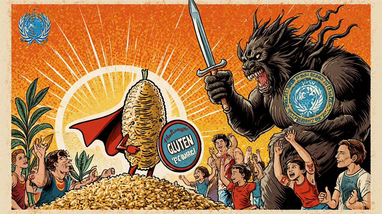 A heroic amaranth seed defeating a Gluten Monster with fiber and lysine weapons while cheered on by diverse people.