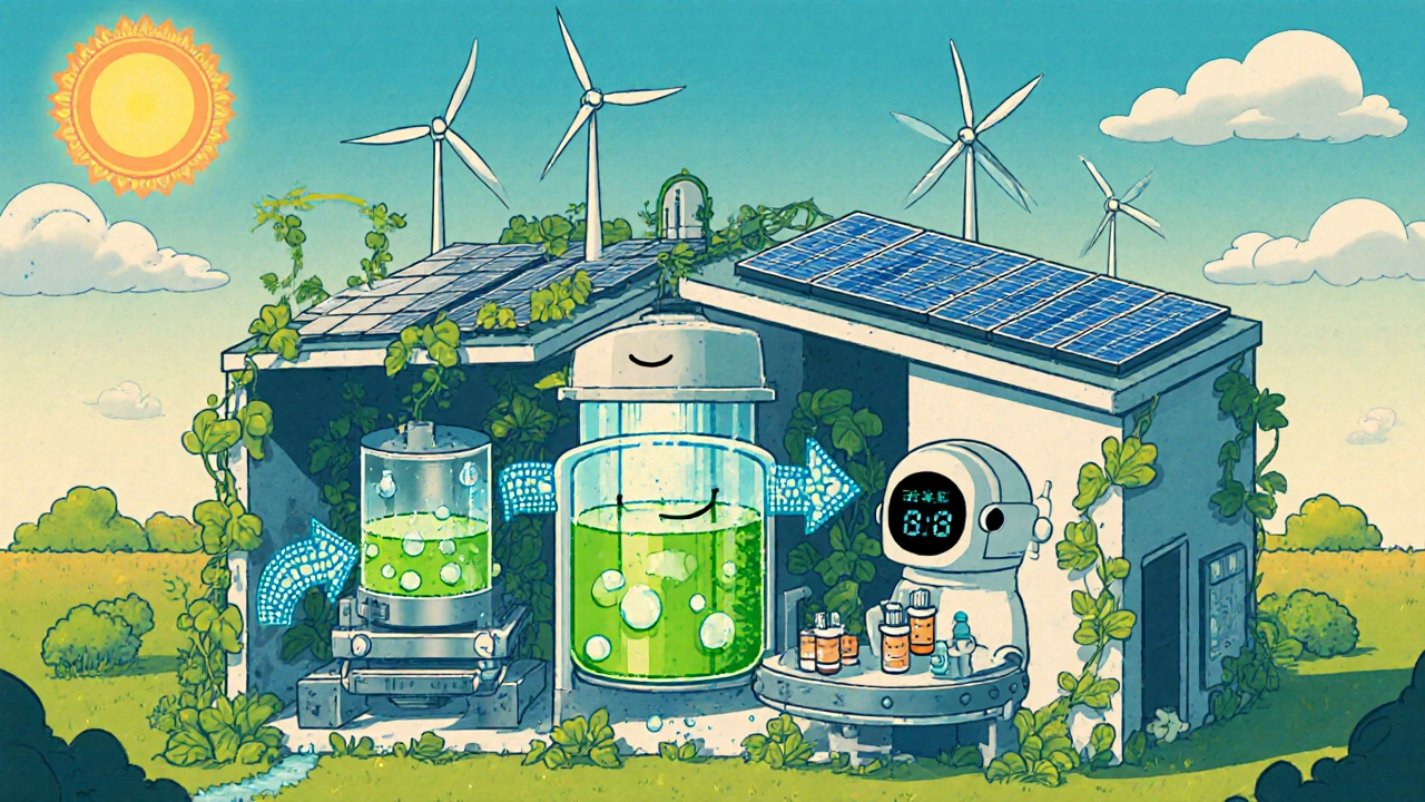 A bright cartoon factory uses solar panels, flow reactors, and green vines to show sustainable production.