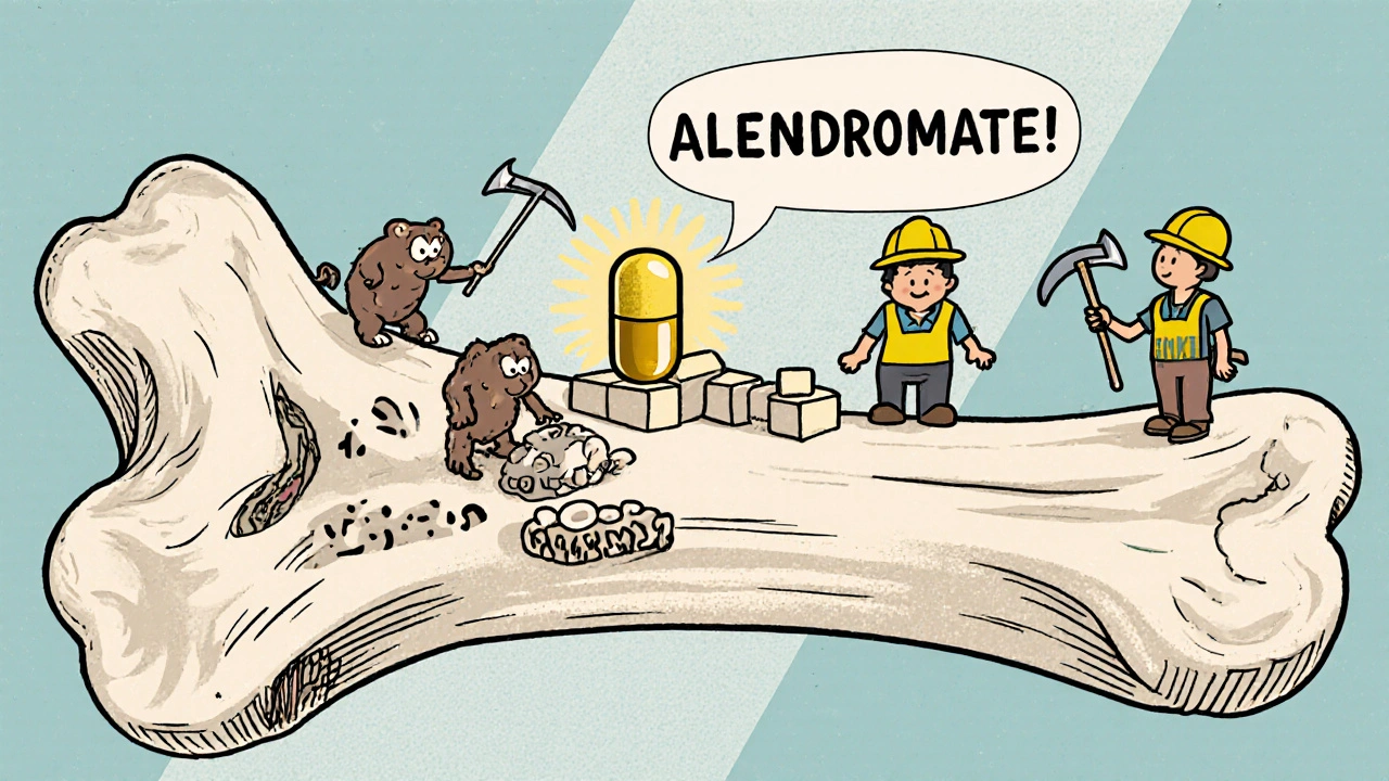 Cartoon bone cross‑section showing alendronate stopping osteoclasts and aiding bone builders.
