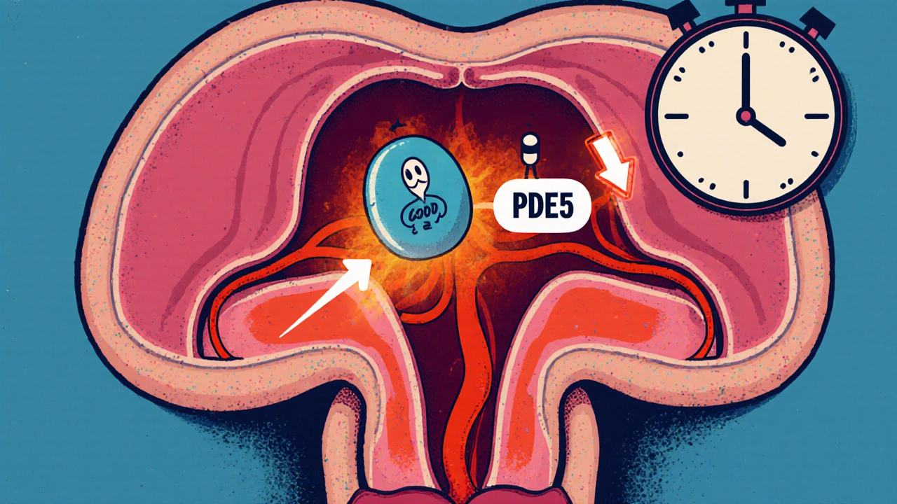 Cartoon cross-section showing Vardenafil enhancing blood flow in the penis.