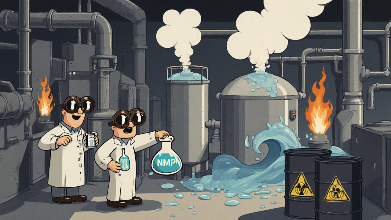 Cartoon scientists operate a factory with solvent flasks, steam columns, and overflowing water tanks.