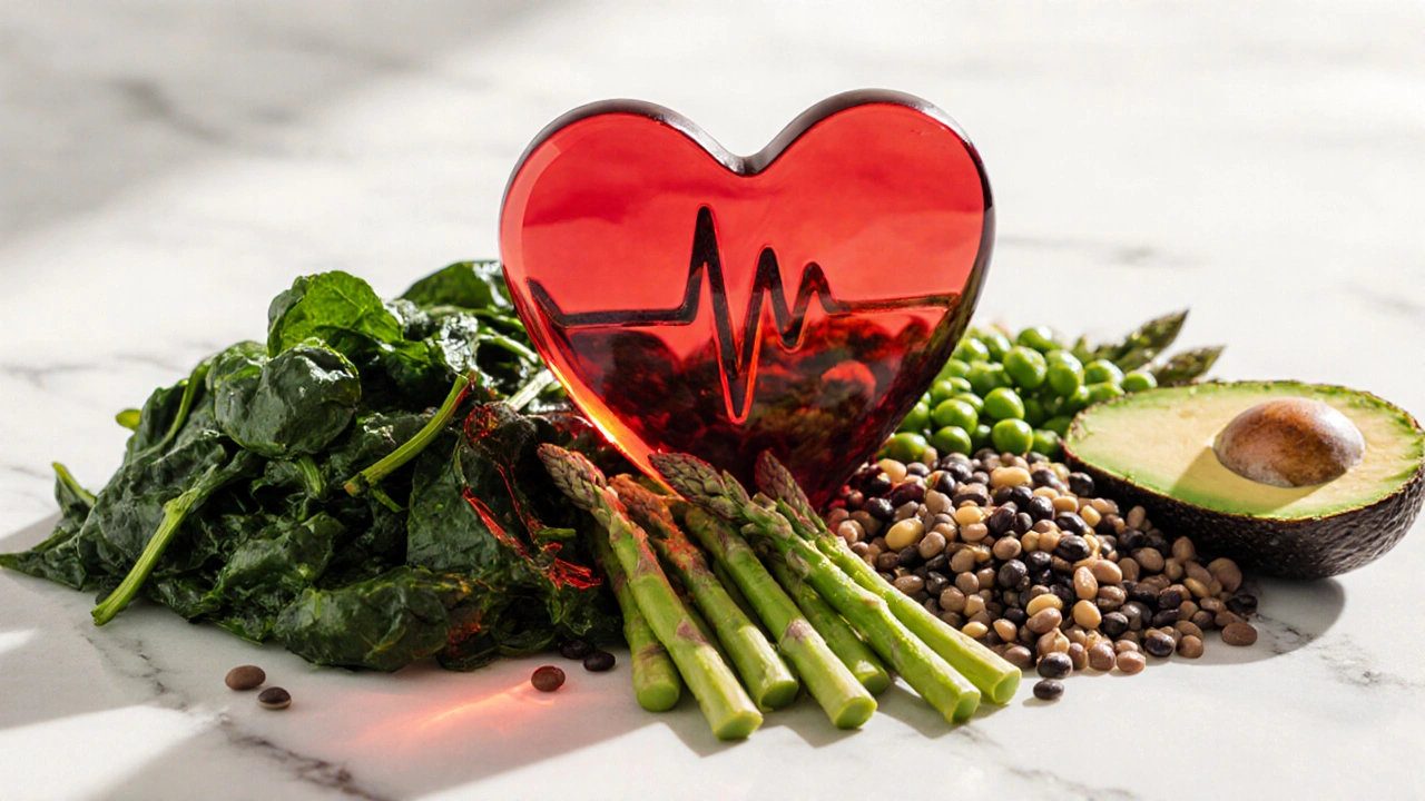 Colorful array of folate‑rich foods surrounding a glowing heart.