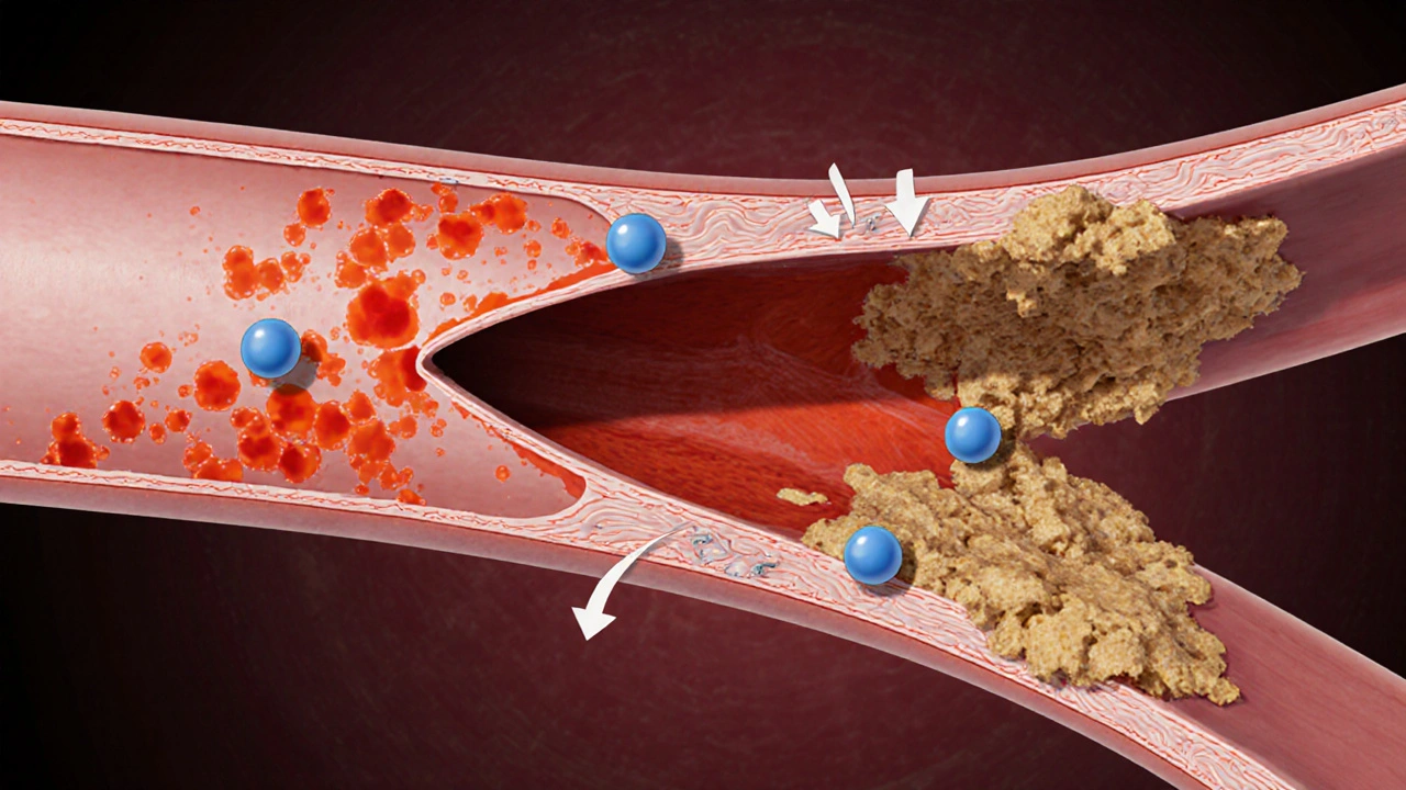 Cross‑section of artery showing damaged endothelium, plaque, and homocysteine particles.