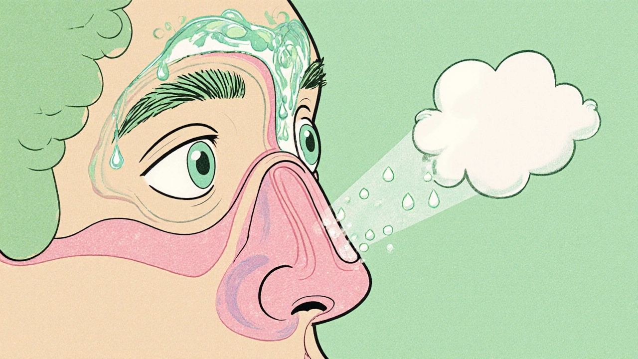 Cross‑section of head showing sinuses and fluid moving toward eye area.
