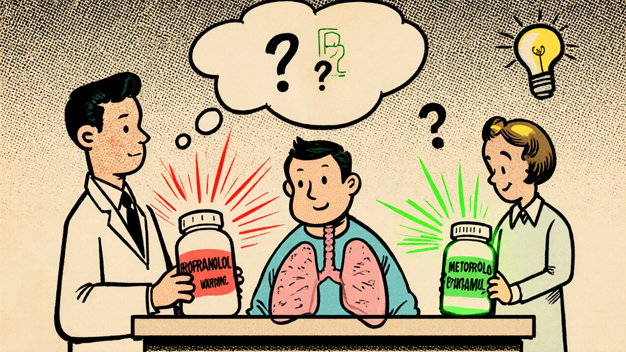 Doctor and pharmacist comparing heart meds as patient's lungs improve in thought bubble.