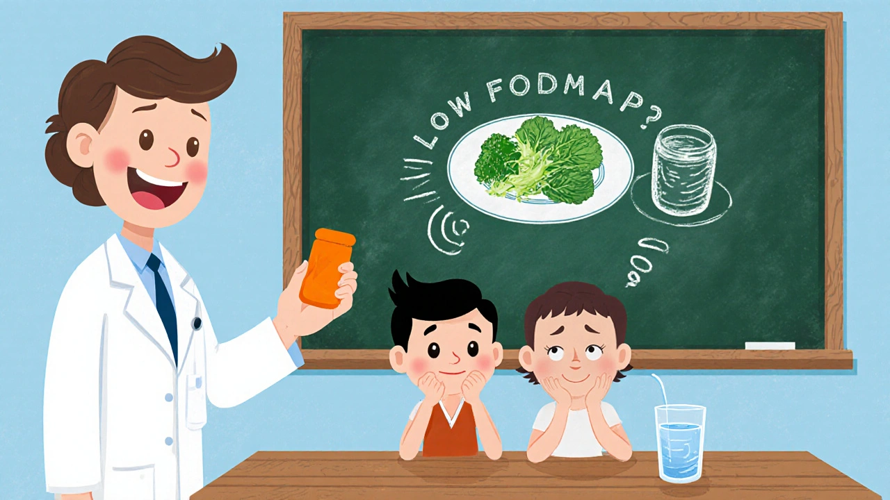 Doctor with two characters, one with a tablet and one without, plus a low‑FODMAP meal sketch.