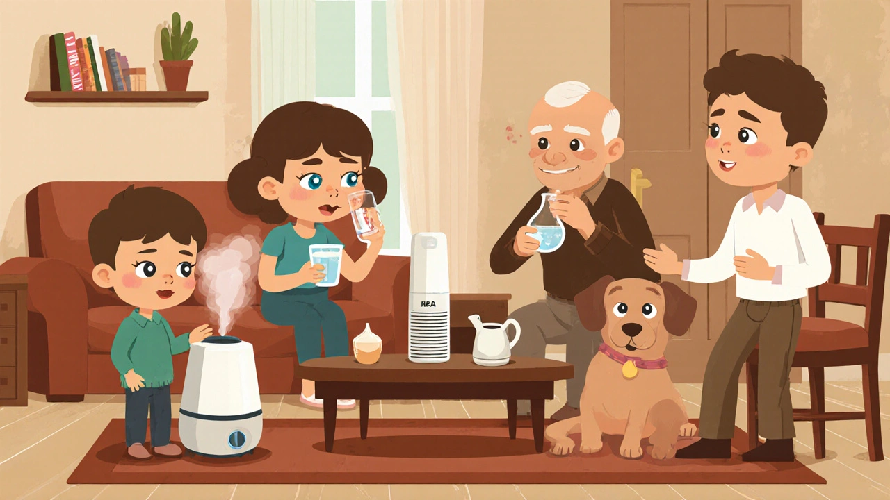 Family practicing humidifying, hydration, and nasal rinsing for clear eyes.