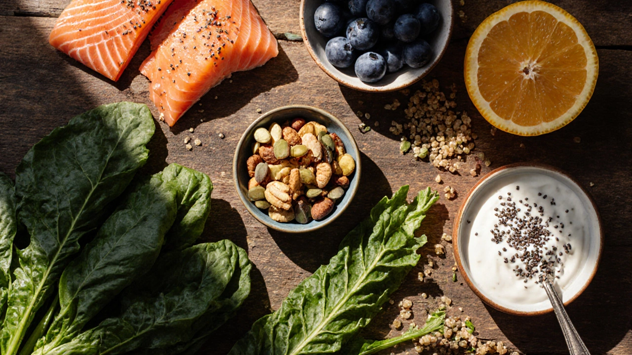 Flat‑lay of spinach, salmon, nuts, berries, quinoa, and Greek yoghurt on wood.
