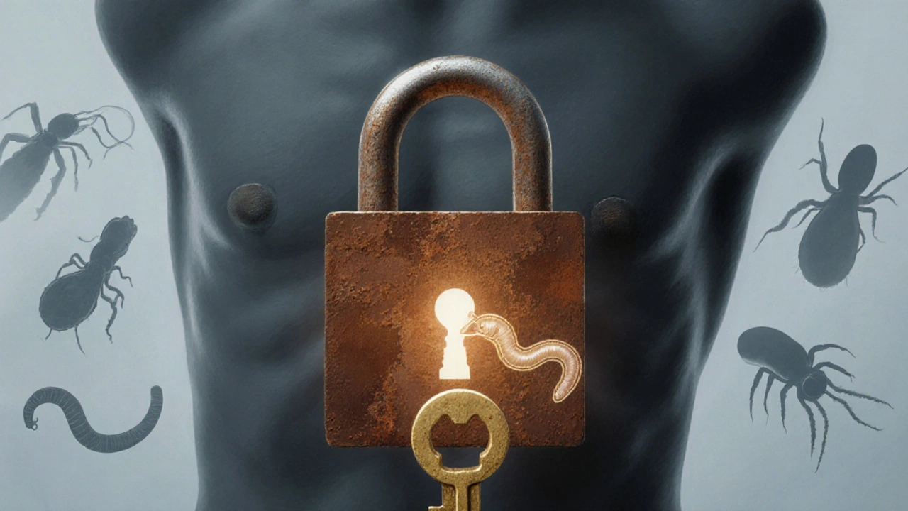 Golden key fitting a lock shaped like a human figure, surrounded by faint parasite shapes.