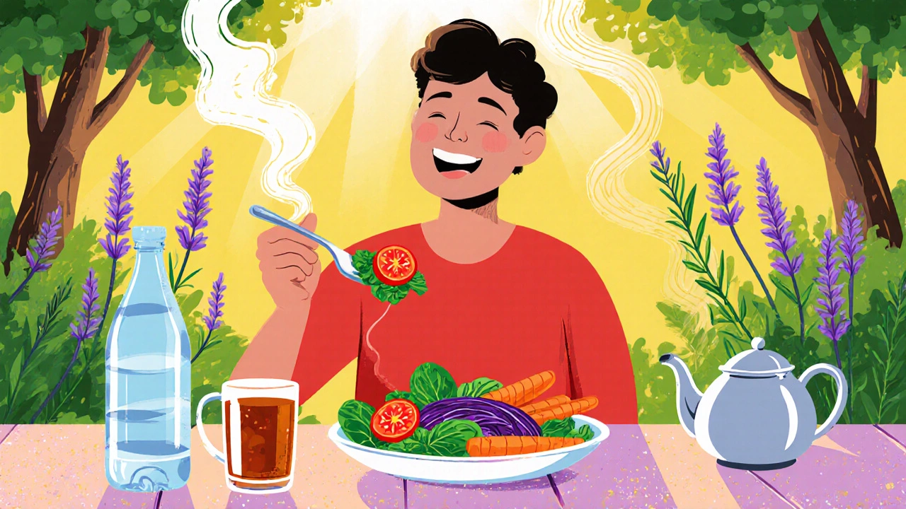 Happy former smoker enjoys fresh food and fragrant herbs after quitting.