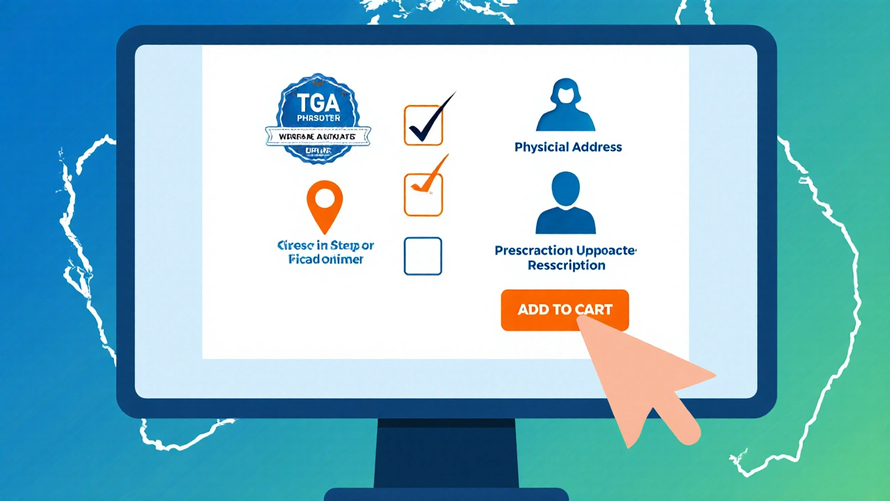 Illustrated checklist on screen shows TGA registration, address, pharmacist, and upload icons.