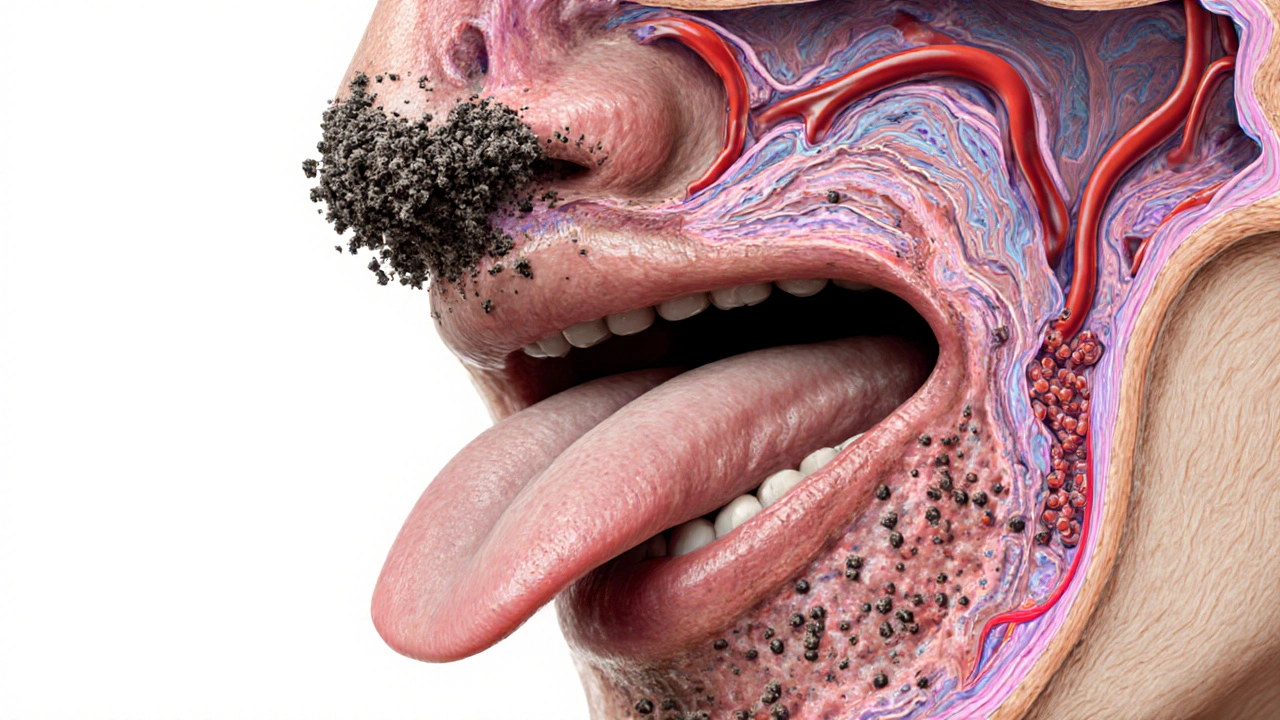 Illustration of tar-covered taste buds and damaged nasal cilia from smoking.