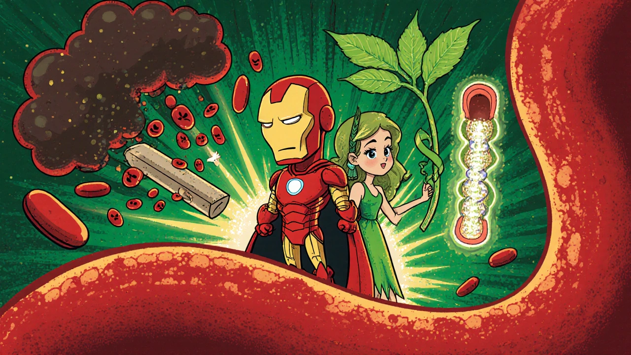 Iron hero and folate sprite guard red blood cells and closing neural tube in a cartoon bloodstream.