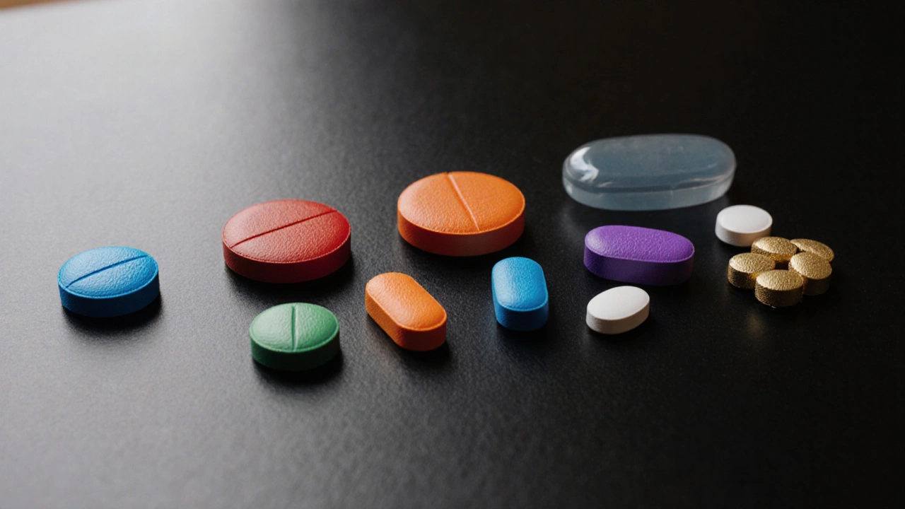 Macro photo of a row of distinct erectile dysfunction pills and supplements on a black surface.