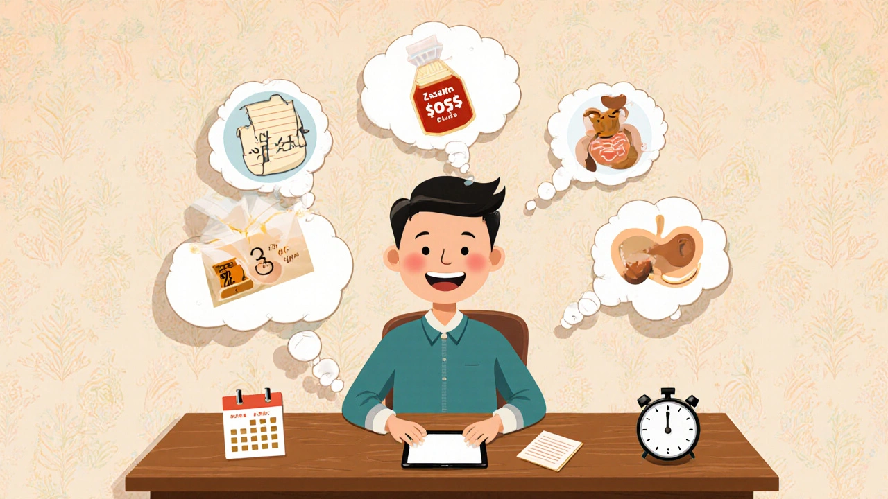 Man at a desk choosing between jelly, tablets, price, timing, and side effects.