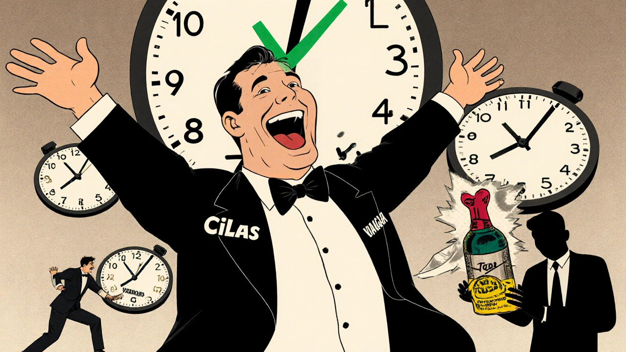 Man celebrating with Cialis clock, other ED pills struggling in background, TGA badge chasing fake supplements