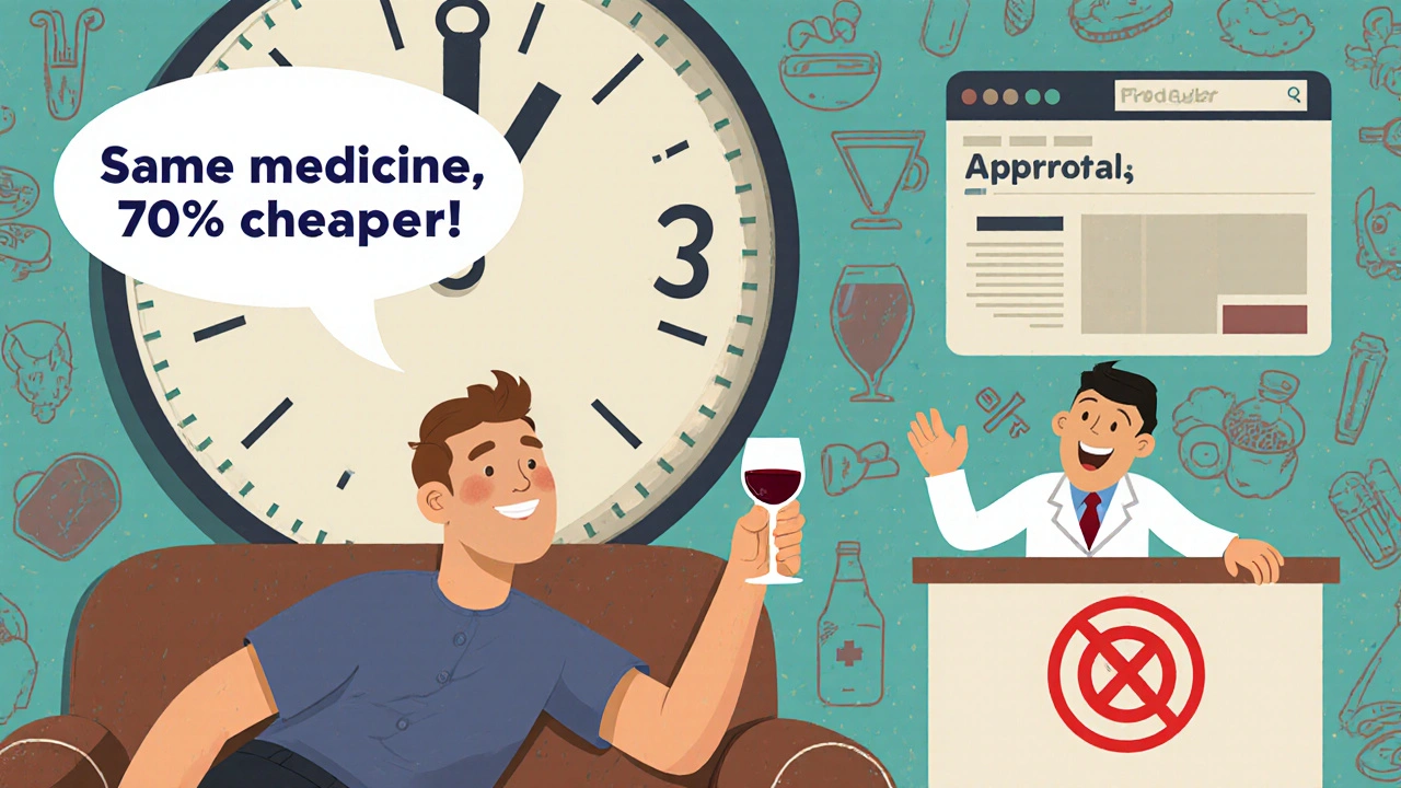 Man taking generic sildenafil with clock and pharmacist, playful pharmacy scene in vintage cartoon style