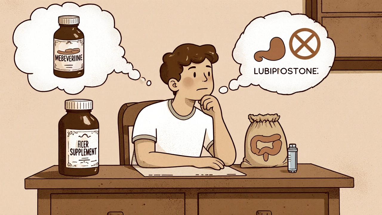 Patient at kitchen table with mebeverine bottle, fiber bag, and lubiprostone tube, thinking of benefits.