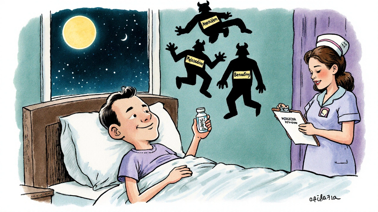 Patient peacefully taking melatonin while risky meds are tossed out window at night.