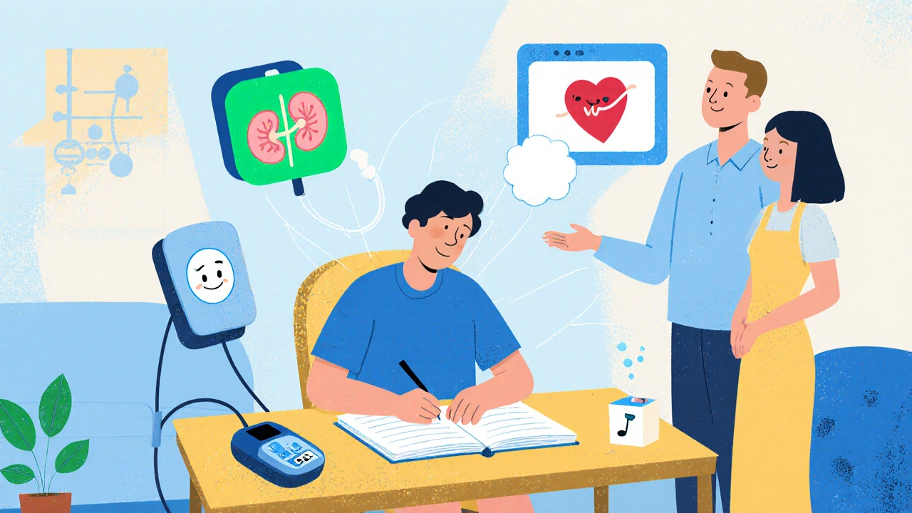 Patient writes in a diary while cartoon kidney, blood pressure cuff, and heart monitor display nearby.