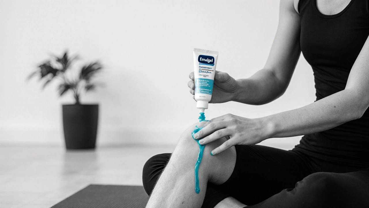 Person applying gel to knee on a yoga mat, emphasizing relief.