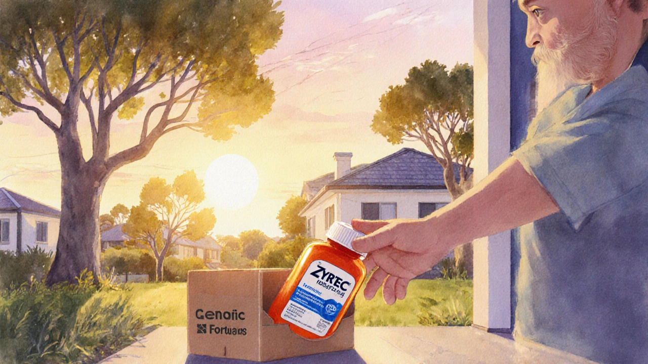 Person opens a delivery box with generic Zyrtec pills at a sunlit Australian doorstep.