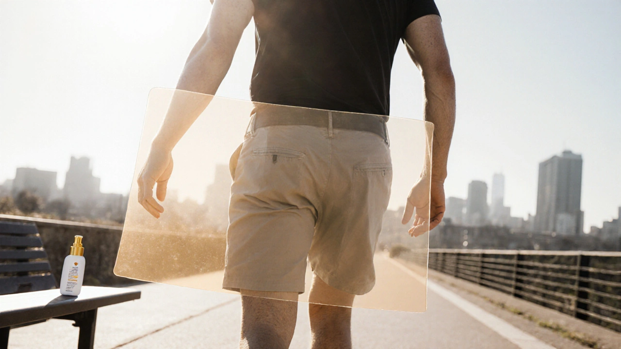 Person walking outdoors with an amber‑tinted protective shield over skin and gold‑accented sunscreen nearby.