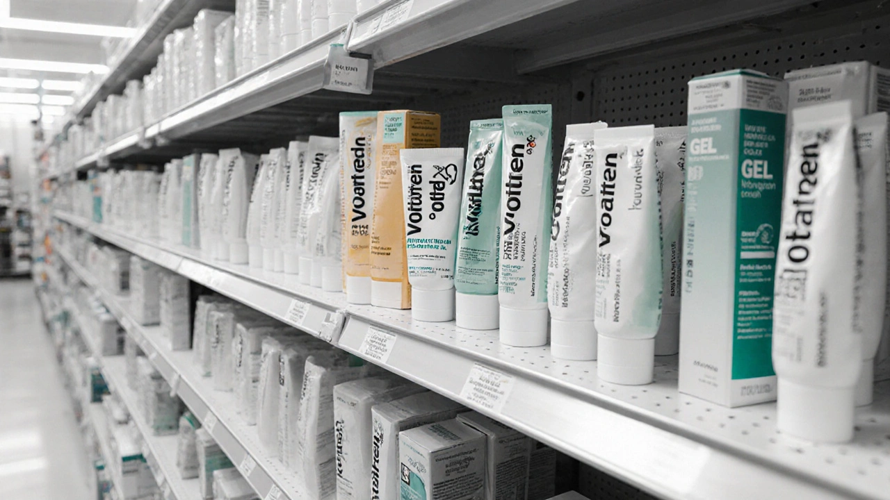 Pharmacy shelf displaying various pain‑gel tubes with limited color accents.