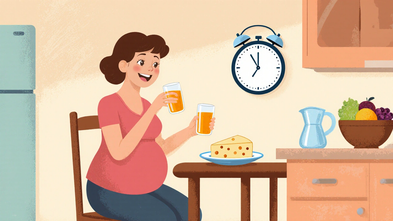 Pregnant woman sipping orange juice with tablet, showing separation from calcium foods in a kitchen.