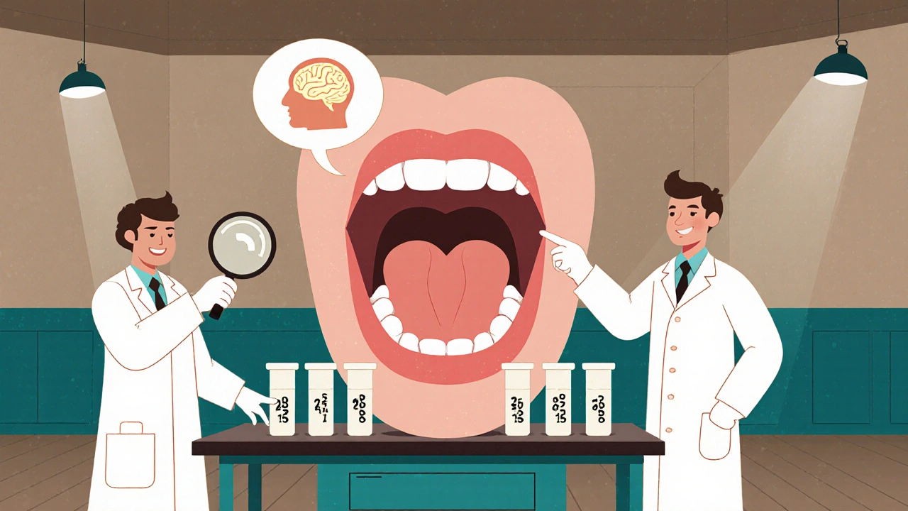 Scientists examining a mouth model with test tubes and a glowing brain thought bubble.