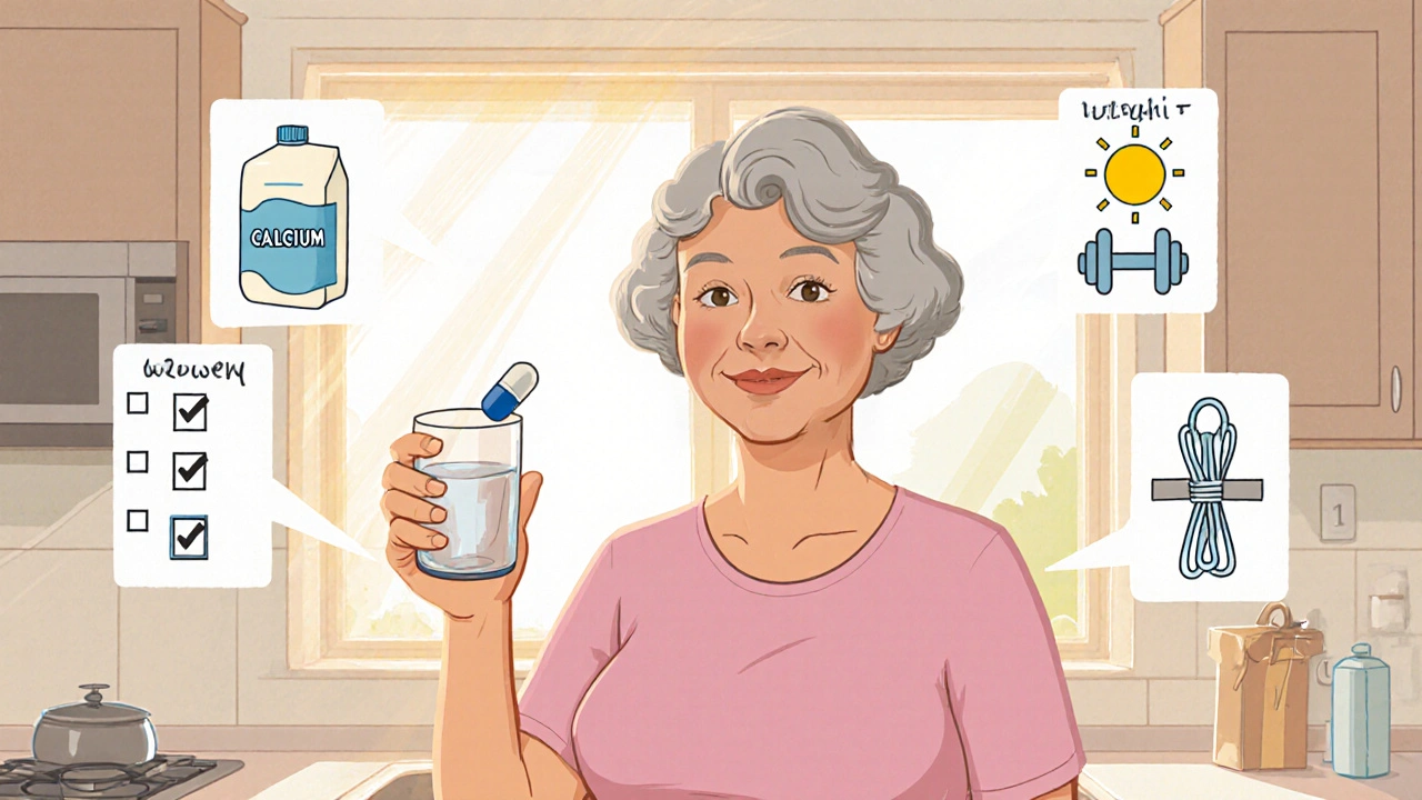 Senior woman takes alendronate with water, surrounded by cartoon icons for calcium, vitamin D, exercise, and dental care.