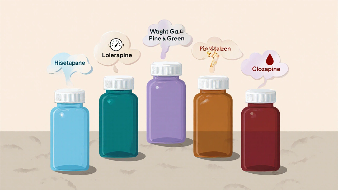 Six colored pill bottles with visual symbols representing side‑effects of antipsychotics.