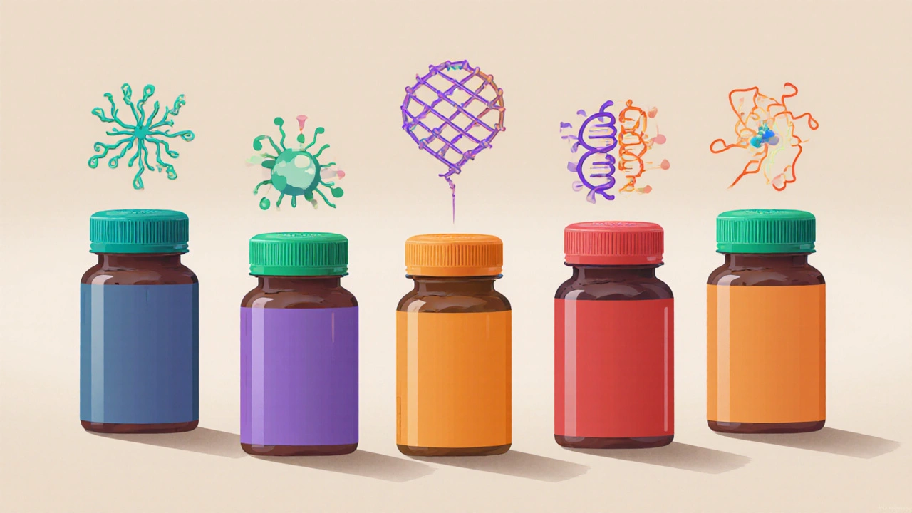 Six colorful antiparasitic medicine bottles arranged together on a neutral surface.