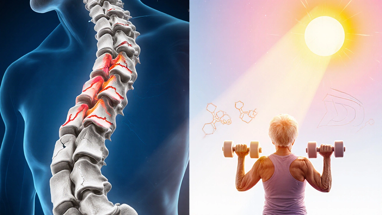Split view of osteoporotic spine versus healthy spine, senior woman lifting dumbbells with sunlight and vitamin D symbols.