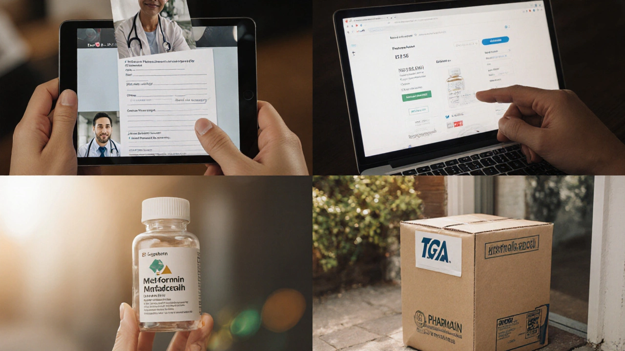 Step‑by‑step visual of obtaining a prescription, ordering Metformin online, and receiving the sealed package.