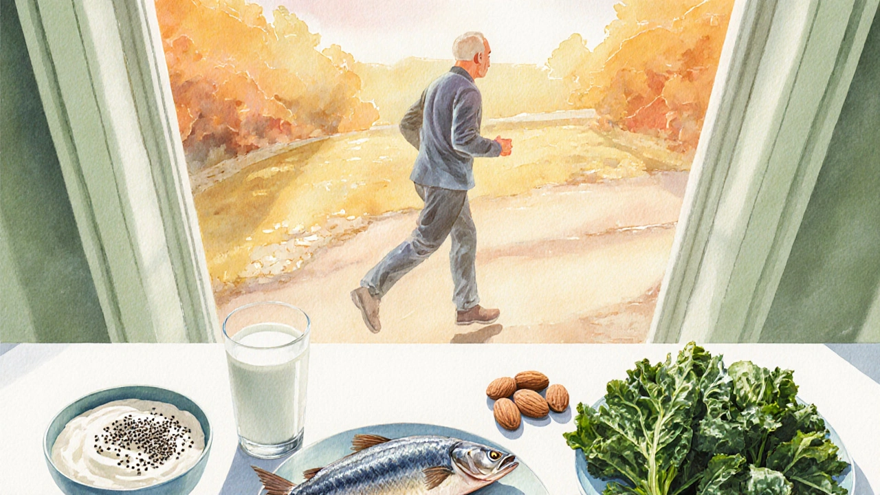 Table with yogurt, soy milk, sardines, greens, almonds; senior walking outside in sunshine through a window.