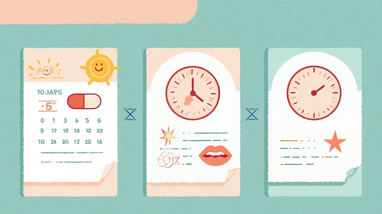 Three cartoon panels showing increasing baclofen doses and side‑effect icons.