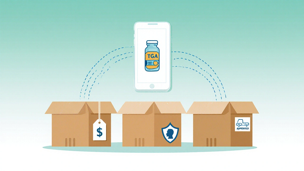 Three delivery boxes with price tags, a shipping van, and a smartphone showing a pill bottle.