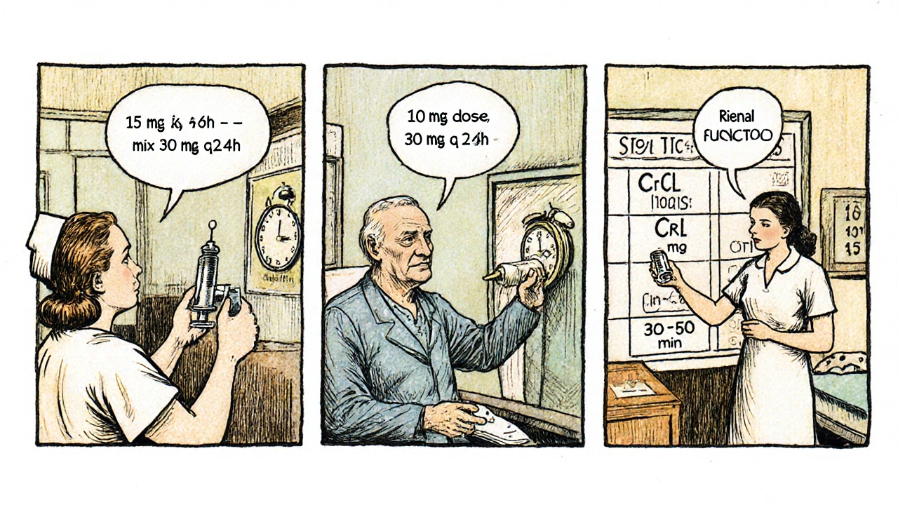 Three-panel vintage cartoon illustrates adult, elderly, and renal dosing of ketorolac.