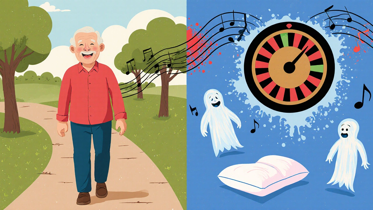 Timeline with happy walking figure on left and exaggerated side‑effects like gambling and sleep attacks on right.