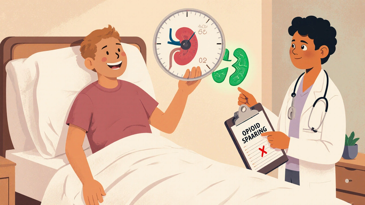 Vintage cartoon patient meets pain relief goal while doctor checks 5âday limit.