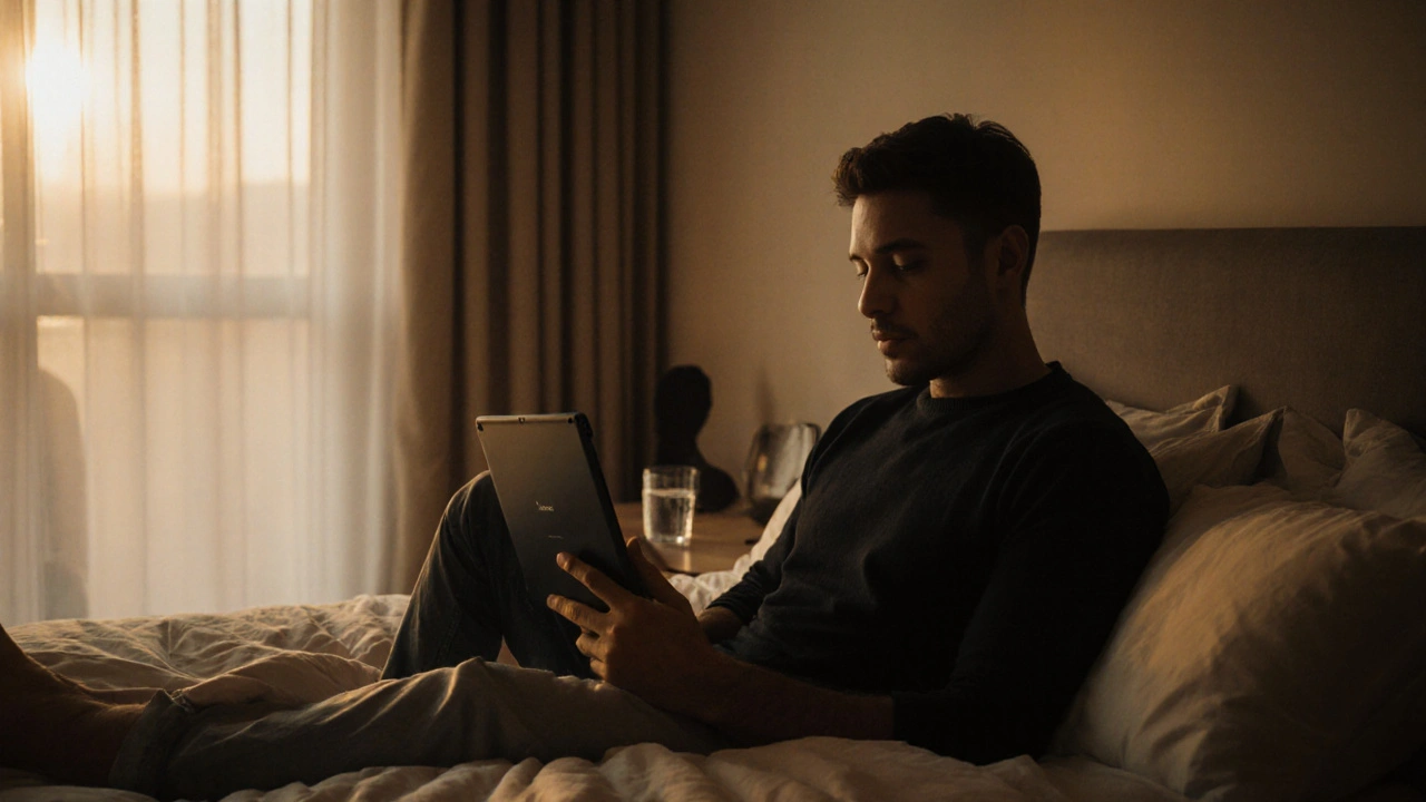 Warm bedroom scene with a man holding a Zenegra tablet, evoking confidence and choice.