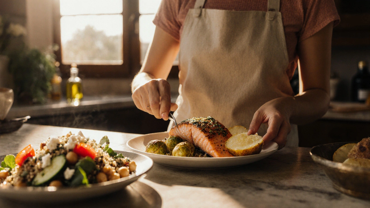 Woman plating baked salmon with quinoa salad in a sunlit Mediterranean kitchen.