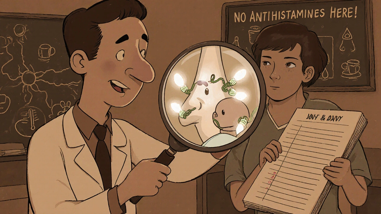 A doctor examines a glowing nose with TRPV1 sensors while a patient holds a symptom log in vintage medical setting.