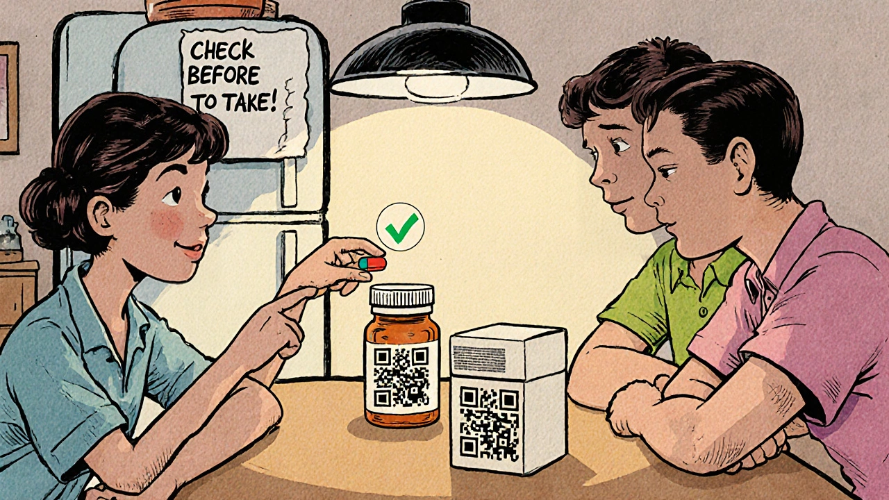 A family compares pill bottles at home, checking for differences in imprints and packaging.