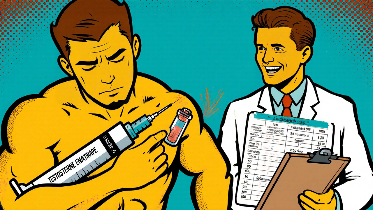A man injecting himself with a large syringe while a doctor smiles, comparing costs with a chart.