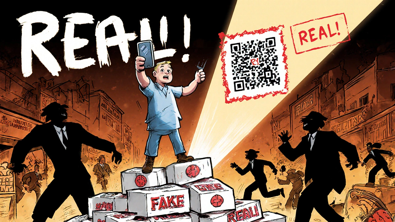 A person scans a QR code, revealing a &#039;REAL&#039; stamp as fake medicines are defeated.