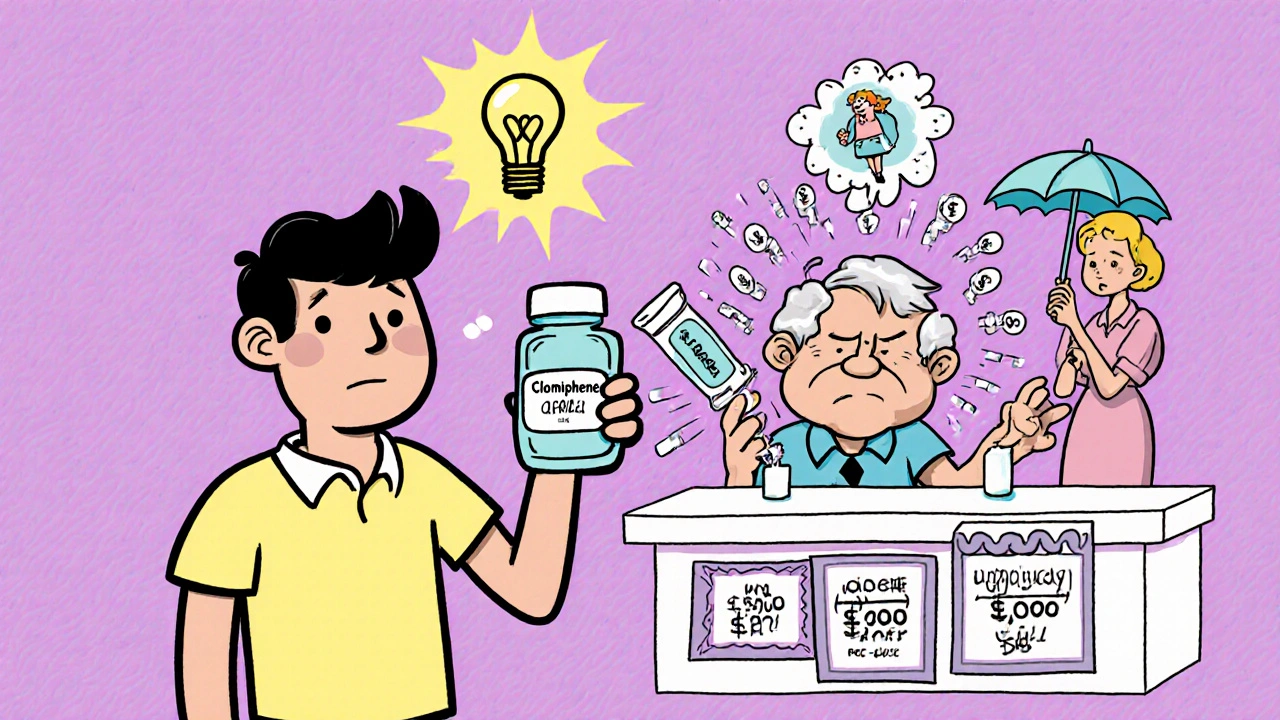 A young man holding a pill with a lightbulb above his head, while another man struggles with a sticky gel tube.