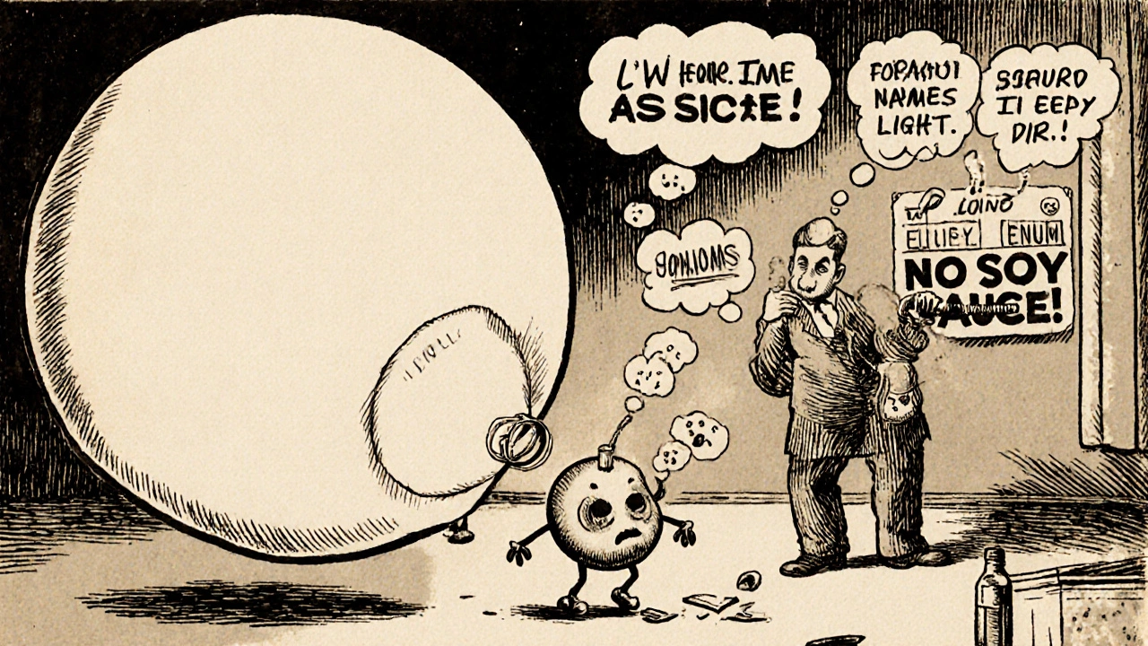 Cartoon abdomen swollen with fluid, doctor draining it, ammonia molecules heading to a confused brain, alcohol bottle broken.